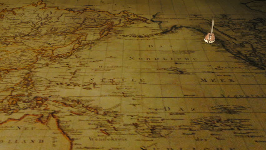 Small cartoon sailing ship moves on the vintage grunge world map background. Dolly shot. Decorative 3D animation.