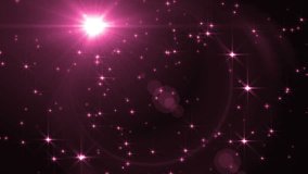 Abstract Pink Background With Rays Sparkles. Animation pink background with lens flare rays in dark background sky and stars. Seamless loop.