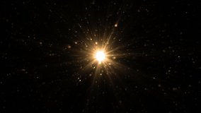 Abstract Gold Background With Rays Sparkles. Animation gold background with lens flare rays in dark background sky and stars. Seamless loop.