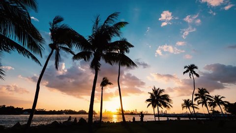 TIME LAPSE: Sunset scene with over South Pointe Park in Miami bay at sunset. Florida, USA.