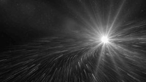Abstract Silver Background With Rays Sparkles. Animation grey background with lens flare rays in dark background sky and stars. Seamless loop.