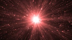 Abstract Red Background With Rays Sparkles. Animation red background with lens flare rays in dark background sky and stars. Seamless loop.