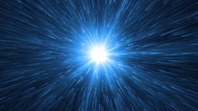 Abstract Blue Background With Rays Sparkles. Animation blue background with lens flare rays in dark background sky and stars. Seamless loop.