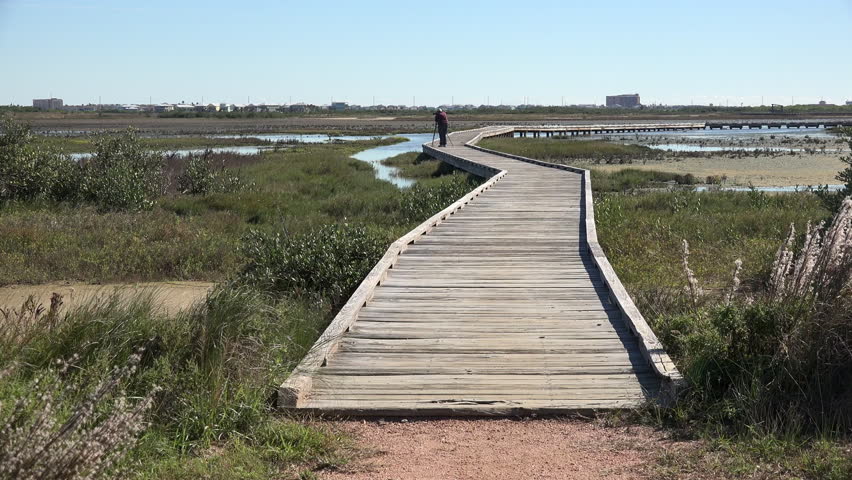 A photographer stands on a board walk that stretches out over tidal flats.