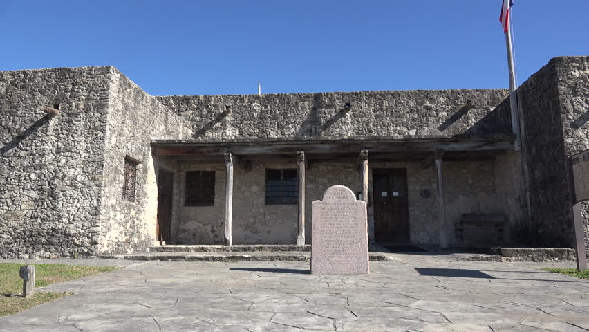 A sign at the entry to the Presidio La Bahia in Goliad, Texas.