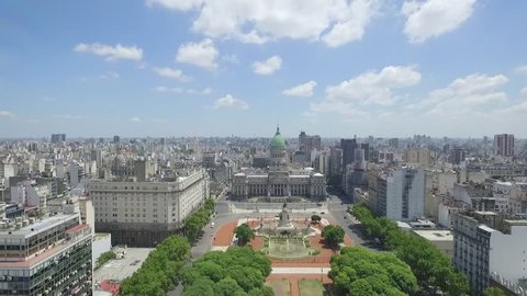 Aerial Drone Scene of Congress of the Argentine Nation. The Camera is Going to Congress and Travels Above the Crongress Square. City Landscape, Historic Building. Buenos aires-Argentina