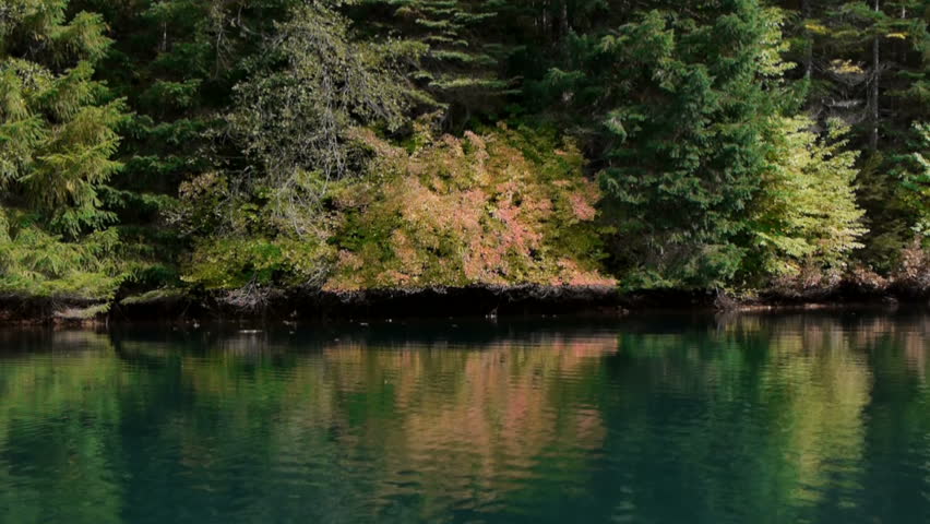 Kayaker paddles past beautiful fall reflection in lake