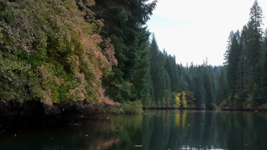 Fall colors reflect on a lake as the camera glides over the water