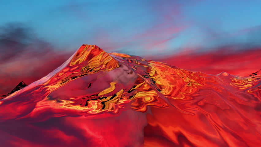 3D illustration of surreal jelly mountains on colorful background and sunset