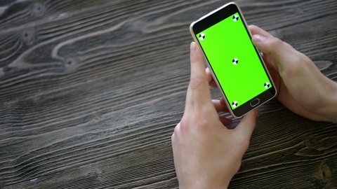Close Up Man Holding Smartphone Touch With Green Screen Chroma Key 