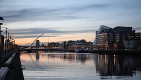Full HD video of the City centre and river Liffey with Samuel Beckett Bridge during sunset. Dublin, Ireland