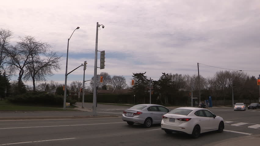 Markham, Ontario, Canada April 2016 Police surveillance camera mounted on pole in city
