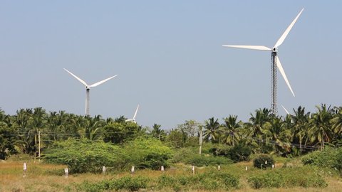 Alternative energy sources 4. Wind farm in Indian province of Kerala. Many wind-powered generators stand in coconut palms forest