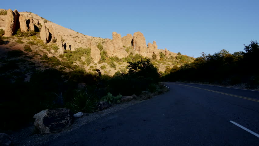 A moving shot down a road in the Chisos Mountains of Big Bend National Park.