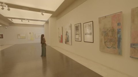 Bahrain National Museum, Bahrain - 2013 - Tracking shot showing paintings displayed on a wall in one of the museum's galleries. A Bahraini woman is looking at the paintings.