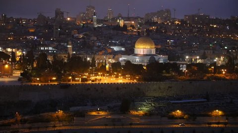 Night view to Jerusalem old city, Israel. Panning shot