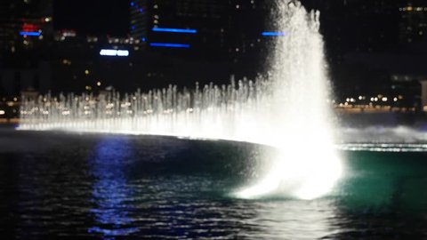 A beautiful shot of the fountain show at a Las Vegas hotel.