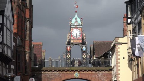 Eastgate and Eastgate Clock in Chester, Cheshire, England circa April 2016