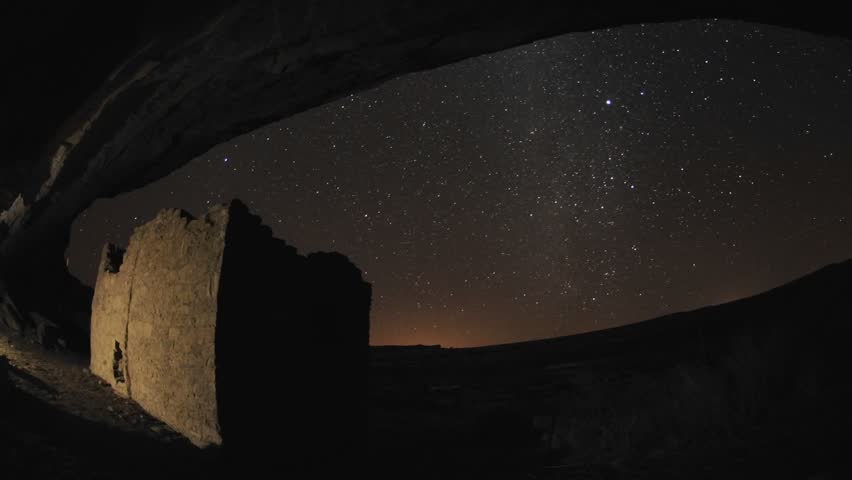 Time lapse of star trails above a Chacoan rock house in Gallo Wash in Chaco Culture National Historical Park, New Mexico.