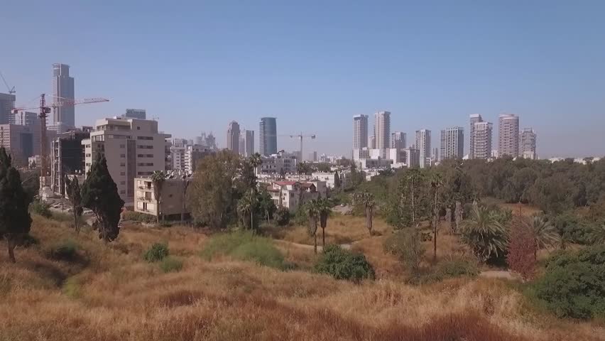 Aerial view of Ramat Gan - park and the city skyscrapers of Ramat Gan and Tel Aviv, Israel
