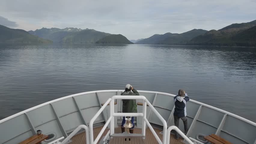 Point of view time lapse of a ship cruising towards Baranof Island from Kelp Bay in Frederick Sound, Southeast, Alaska.
