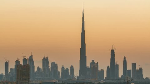 Skyline of Downtown Dubai day to night timelapse. 