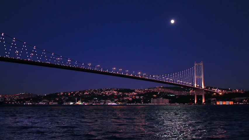 Istanbul, Bosphorus seascape with full moon glow shinning with the sea