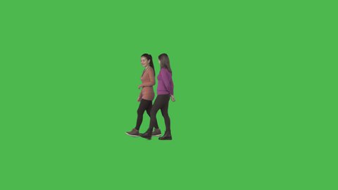Two girls walk and talk together. Isolated on transparent background. File format - .mov, codec PNG+Alpha. Shutter angle -180 (native motion blur). 50 mm lens