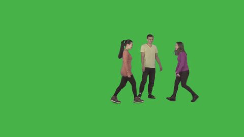 Two girls and guy walks through the frame, laughs, smiles. Footage with alpha channel. File format - .mov, codec PNG+Alpha. Shutter angle -180 (native motion blur). 50 mm lens