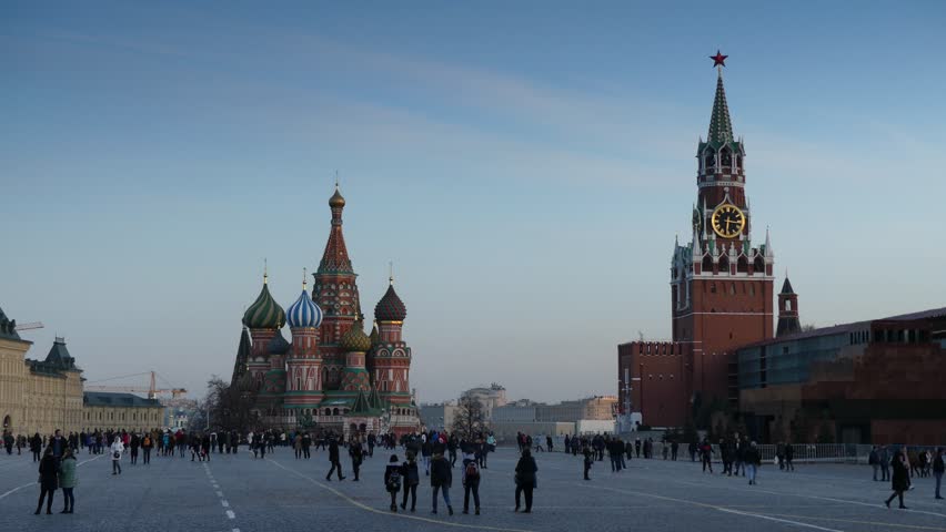 4k Red Square in Moscow, Russia. It separates Kremlin, official residence of President of Russia, from historic merchant quarter known as Kitai-gorod. Red Square - central square of Moscow.