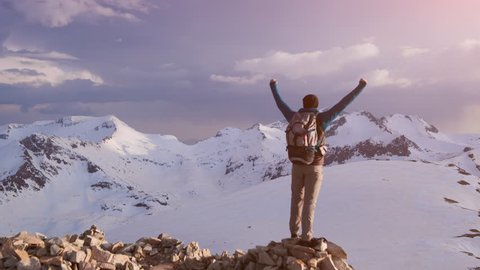 Young Hiker On Mountain Peak At Sunset Successful Pose Outstretched Arms Business Life Achievement Concept