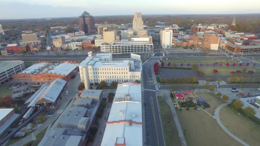 Aerial shot easing in on downtown Durham, North Carolina.