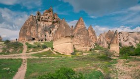 Colorful spring landscape in Cappadocia. Sunny scene in the neighborhood of Red Rose valley in April. Cavusin village located, Turkey, Asia. Full HD video (High Definition). Exported from RAW file.