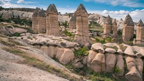 Amazing shapes in sandstone canyon near famous Goreme village, Cappadocia, district of Nevsehir Province of Turkey, Asia. Full HD video (High Definition). Exported from RAW file.