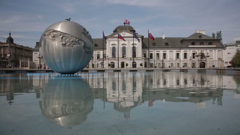 Presidential palace in Bratislava, Slovakia reflected in the water of the fountain is not working