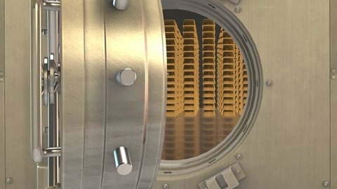 An ultra realistic 3D scene featuring a giant vault filled with gold bars.