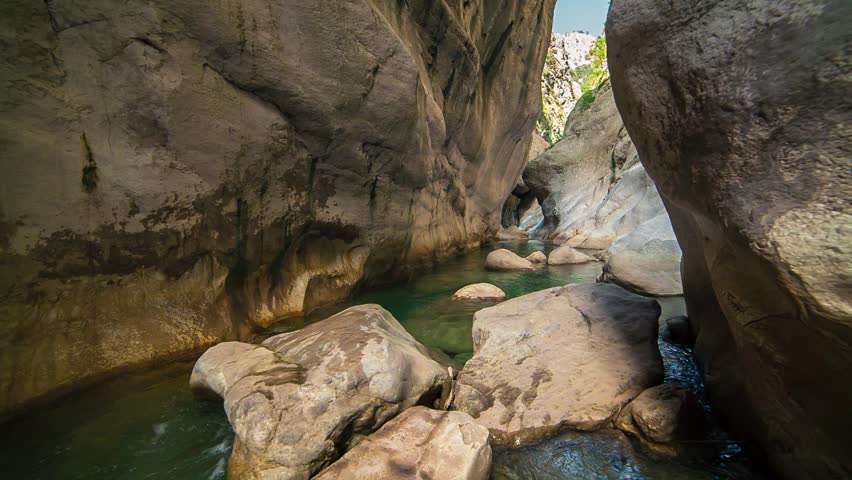 View inside a Goynuk canyon. located in District of Kemer, Antalya Province. Beautiful spring scene in Turky, Asia. Full HD video (High Definition). Exported from RAW file.