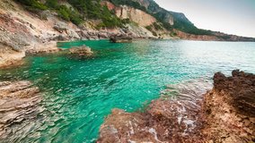 Picturesque Mediterranean seascape in Turkey. Colorful morning of the Pirate Bay on Gelidonya peninsula, District of Kumluca, Antalya Province. Full HD video (High Definition). Exported from RAW file.