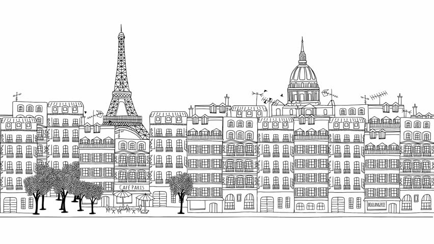 Looped seamless footage of an animated ink illustration of Paris skyline with moving cars and flying birds
