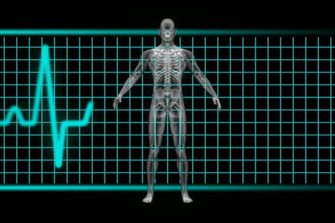 X-ray of man rotating with EKG in background blue. Loopable.