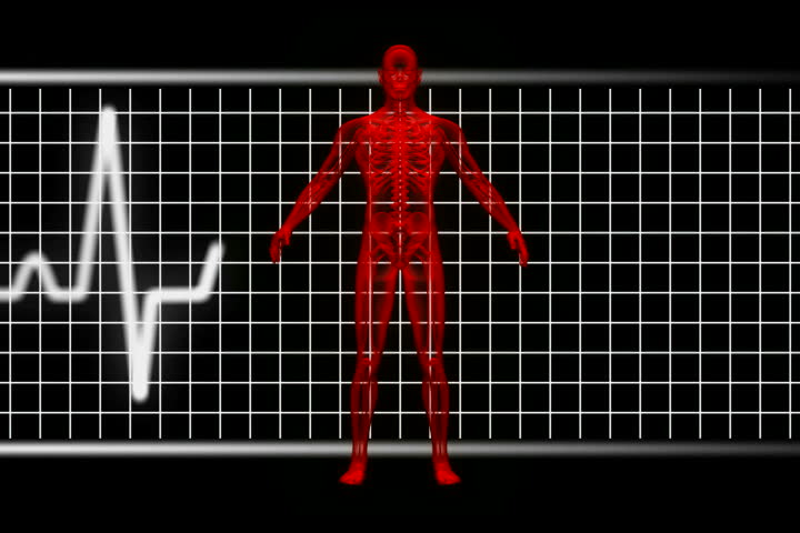 X-ray of man rotating with EKG in background red. Loopable.