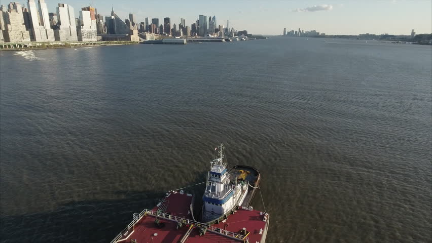 Fly Backwards Over Oil Tanker & Tug Boat on Hudson River