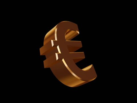 A golden Euro symbol rotating along its main axis on a black background (3D rendering)