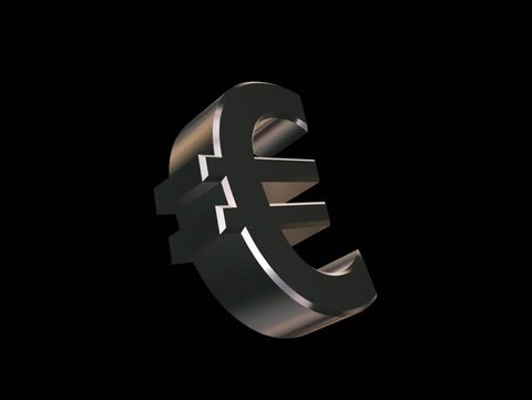 A chrome-plated Euro symbol rotating along its main axis on a black background (3D rendering)