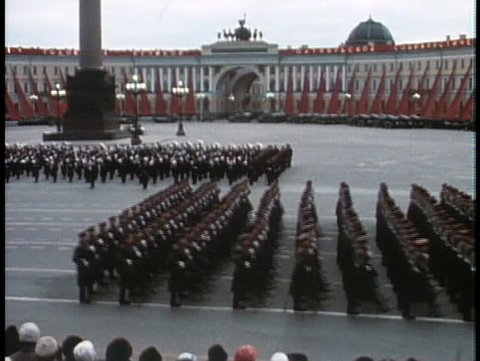 MOSCOW - CIRCA 1970: Soviet troops march in a grand parade during the Cold War in Moscow circa 1970