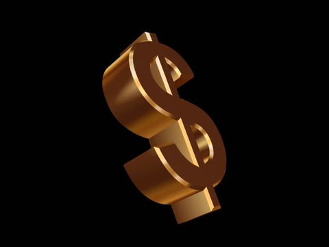 A golden Dollar symbol rotating along its main axis on a black background (3D rendering)