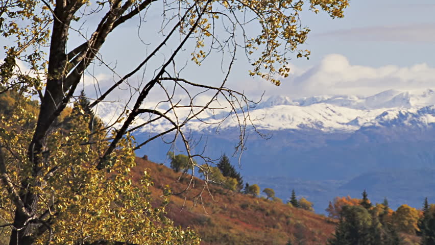 Panning from autumnal scene on hillside to fresh snow on the Kenai Mountains and