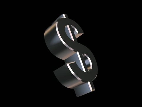 A chrome-plated Dollar symbol rotating along its main axis on a black background (3D rendering)