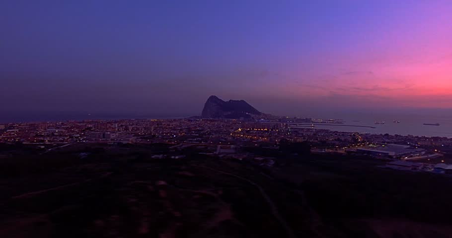 Aerial, Sunset and night flight near Gibraltar, Spain Royalty-Free Stock Footage #16332961