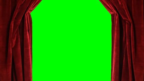 Red velvet stage curtains open to reveal green screen. Png file with alpha channel.